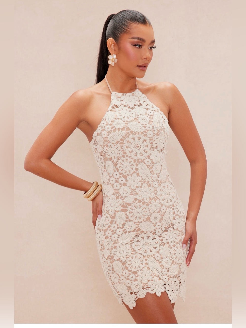Fashion Nova Crochet Halter Mini Dress in Cream